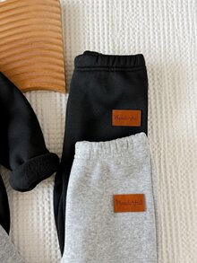 SHEIN Playful Pals 2件組男嬰幼兒運動衫運動長褲套裝，可愛學院風，黑灰色皮革貼布，羅紋袖口，長袖圓領，加厚戶外秋季連身衣 - 彩色 - 查看 5