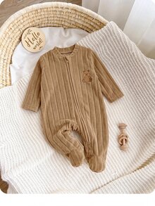 SHEIN 新生兒男嬰/女嬰可愛休閒針織卡通圖案卡其色連身衣 - 卡其色 - 查看 4