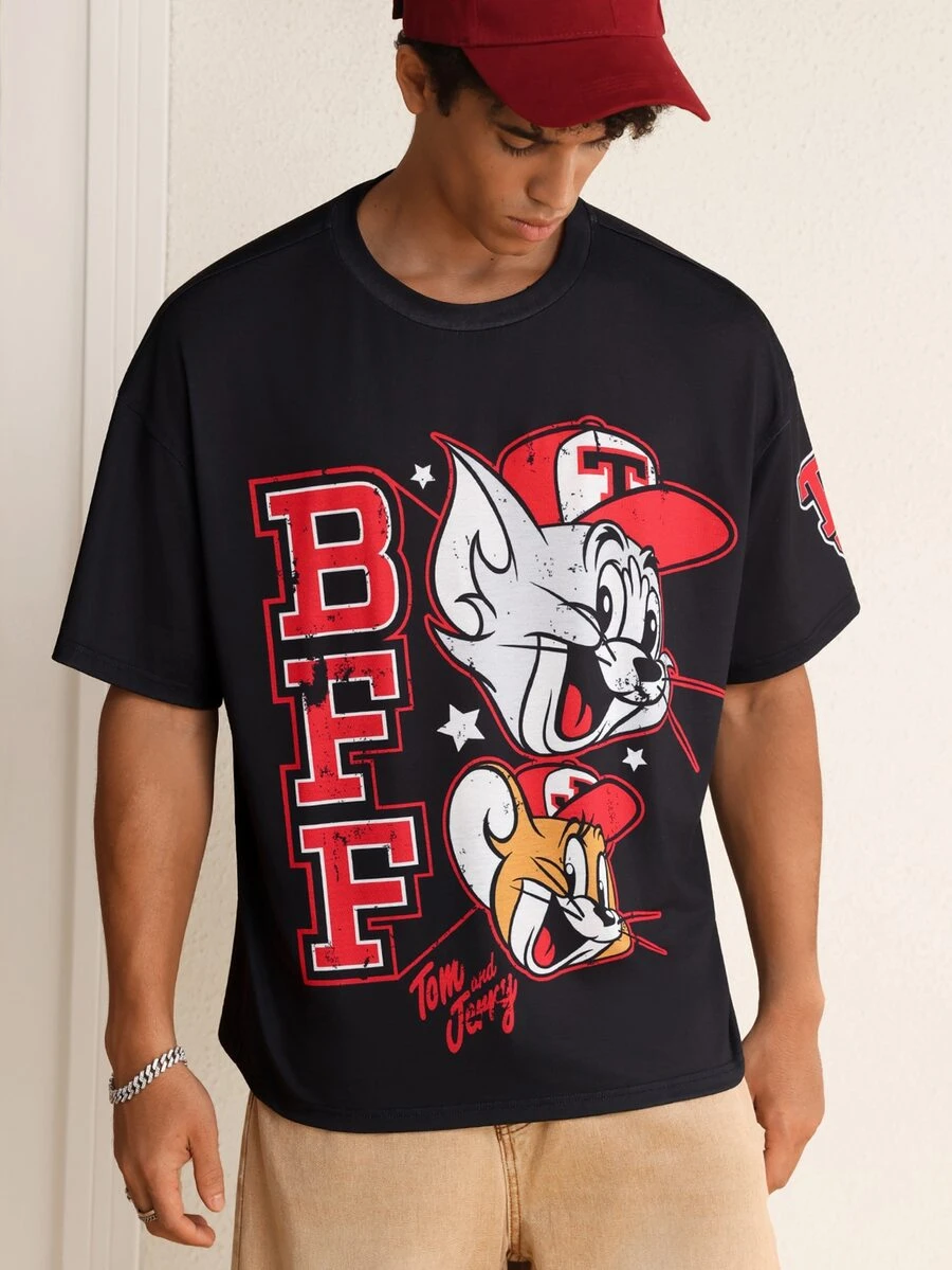 TOM & JERRY X SHEIN Men's Summer Casual Cartoon Print T-Shirt - Black - View 1
