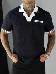 Manfinity CasualCool 男士夏季休閒拼色拼接 Polo 衫 - 藏蓝色 - 查看 6