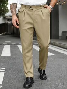 Manfinity Mode Men's Plus Size Minimalist Button Pocket Dress Pants, Business Office - Khaki - View 3