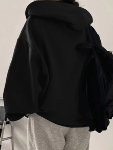 Dazy Plus Sweatshirt Hitam Baru Gaya Blogger Kasual Jalanan Warna Polos dengan Resleting dan Tudung, Cocok untuk Musim Semi/Gugur - Hitam - View 2