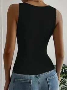 DAZY Women's Solid Color Square Neck Ribbed Slim Fit Casual Versatile Tank Top Fall - Black - View 2