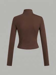 SHEIN EZwear 休閒極簡風 3 件組 黑色/棕色/米色 針織拉鍊長袖女款 T-shirt，適合秋冬穿著 - 彩色 - 查看 13