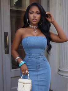 Slaydiva Plus Size Women's Fitted Elegant Strapless Denim Dress With Mermaid Hem - Blue - View 5