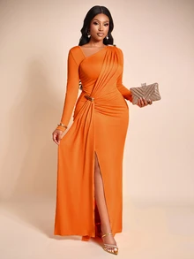 Brilight Mature Elegant Dress Long Sleeve Waist Twist Ruched Metal Buckle Draped Slit Formal Gown Wedding Dinner Cocktail Halloween Burnt Orange Fall - Orange - View 9