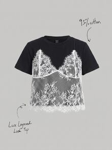SHEIN MOD 95%棉夏季黑色2合1蕾絲拼接圓領短版T恤 - 黑色 - 查看 1
