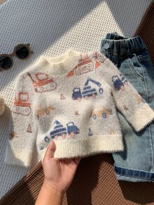 SHEIN 男嬰秋冬休閒可愛汽車圖案毛衣，嬰兒毛衣，毛絨毛衣 - 彩色 - 查看 8