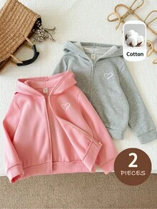 SHEIN Young Girl Solid Color Kids Heart Pattern Knitted Hooded Casual Autumn Sweatshirt 2pcs -Piece Set - Multicolor - View 5