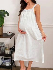 Moonlight&Mama Natural Pure Cotton Comfortable Soft Nightgown Loungewear Long Dress Embroidered Lace Maternity Loungewear - White - View 4
