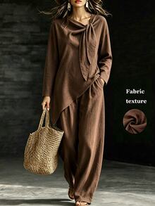 SHEIN Fall Winter Brown 2‑Piece Outfit Casual Commuter Draped Knot Top & Pants Country Style Matching Set For Party Going Out Wear Renaissance Outfit Women - Brown - View 2