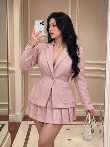 Vibekara Plus Size Women's Lapel NeckLong Sleeve Blazer And Pleated Skirt Set, Pink, Commuter Chic, Early Autumn - Baby Pink - View 2