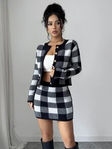 Elenzga Bộ áo len cài nút kẻ caro vintage và chân váy mini dệt kim - Đen và trắng - Xem 3