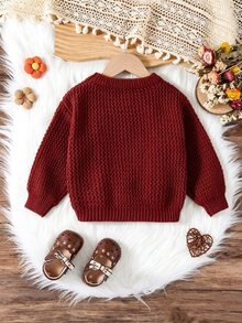 SHEIN 女童針織套頭毛衣，玫瑰粉與洋紅色，手工刺繡蜂蜜花，可愛優雅休閒波浪紋，柔軟百搭，適合玩耍、日常外出、上學，秋冬款 - 酒紅色 - 查看 8