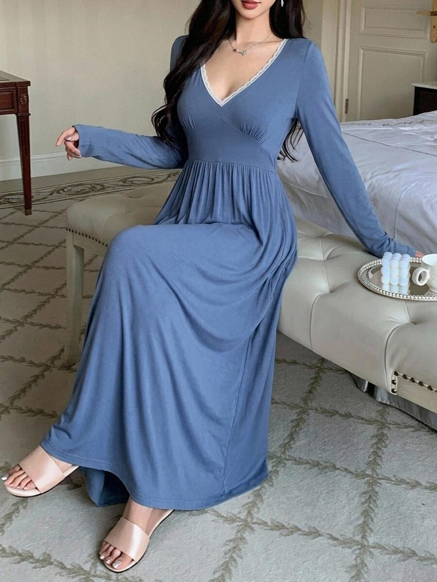 DAZY Romantic Ruched Design Lace Trim Cinched Waist Ruffle Cuff Long Dress Women's Nightgown - Blue - View 1