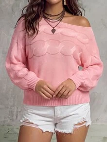 SHEIN LUNE CURVE Cherry Blossom Pink Soft Matte Hollow Cable Knit Cold Shoulder Slouchy Pullover Sweater Plus Size Autumn Date Night Formal Casual Elegant - Pink - View 3