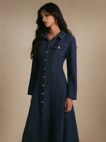 Poéselle Women's Collared Button Front Denim Midi Dress With Flap Chest Pockets, Fitted A-Line, Elegant - Dark Wash - View 6