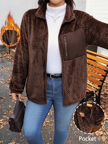 Comfylo Plus Size Casual Reversible Fleece Patchwork Jacket For Winter Winter Clothes - Brown - View 1