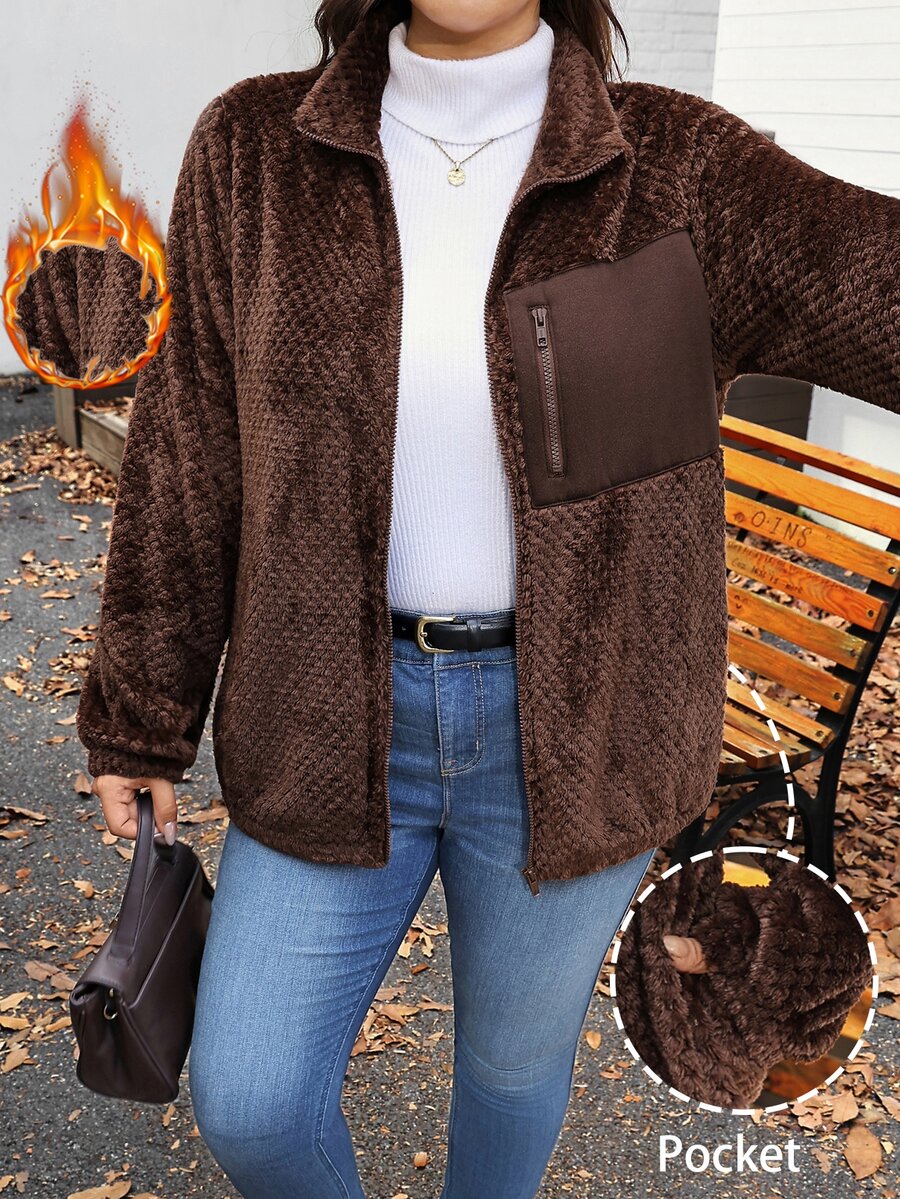 Comfylo Plus Size Casual Reversible Fleece Patchwork Jacket For Winter Winter Clothes - Brown - View 1