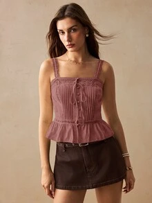Willow Rêve Atasan Camisole Wanita Motif Bordir Patchwork Renda Bergaya Vintage Romantis - Dusty Pink - View 5