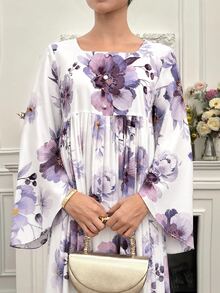 Yasmyna Women's Floral Print Square Neck Bell Sleeve Elegant Arabian Dress - Multicolor - View 5