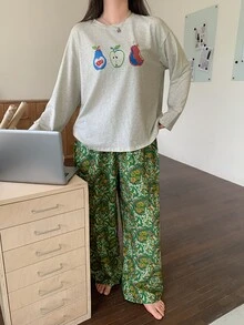 Dazy Plus Cute Printed Pattern Loose Top & Vintage Floral Long Pants 2-Piece Set, Spring/Autumn New Pajama Set - Light Grey - View 8