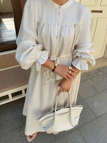 Dazy Plus Plus Size Elegant Cinched Waist Blouse With Flared Sleeves And Skirt, Playful Commuter 2 Pieces Set For Spring And Autumn - Apricot - View 7