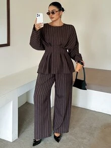 Dazy Plus Autumn Loose Business Casual Ruffle Waist Office Wear Shirt And Suit Pants 2 Pieces Set Elegant - Brown - View 4