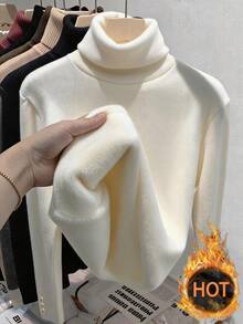 SHEIN Franclia Soft Aesthetic Fall Winter Two Pieces Co-Ord Set Off White Plush Velvet Turtleneck Top Gold Decorative Cuff Buttons High Waist Flared Wide Leg Pants - Apricot - View 4