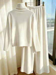 SHEIN Franclia Soft Aesthetic Fall Winter Two Pieces Co-Ord Set Off White Plush Velvet Turtleneck Top Gold Decorative Cuff Buttons High Waist Flared Wide Leg Pants - Apricot - View 2
