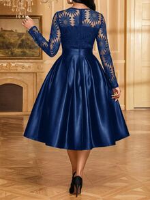 SHEIN Lady Women's Contrast Lace Round Neck Long Sleeve Pleated Design Elegant Midi Dress - Navy Blue - View 2