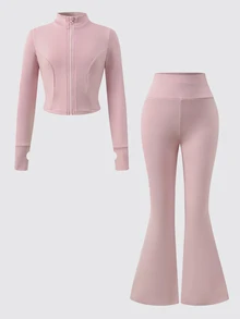 SHEIN 青少年女孩粉色針織拉鍊立領修身配色休閒運動服套裝，附緊身喇叭褲，運動套裝、校園風套裝、慢跑套裝 - 淺粉色 - 查看 2