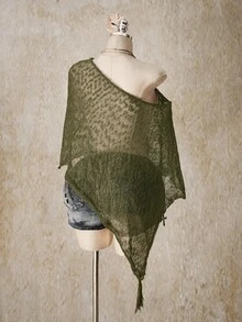 SHEIN ICON 女款大尺碼不對稱下擺流蘇設計寬鬆針織上衣 - 軍綠色 - 查看 2