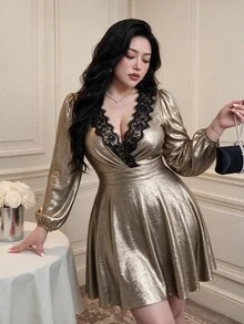 Vibekara Autumn Women's Metallic Luster Lace V-Neck Petal Sleeve High Waist Party Night Dress Black And Gold Elegant Sexy - Gold - View 2