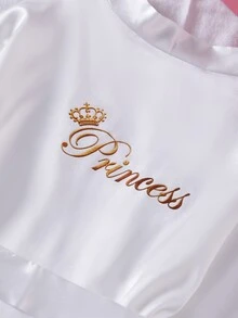 女童白色舒適柔軟緞面公主印花長袖露背繫帶長款睡袍家居服 - 白色 - 查看 5