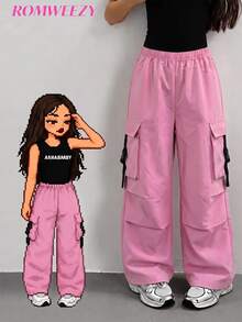 SHEIN Sparklyn 青少年女孩休閒百搭工裝褲 - 粉色 - 查看 1