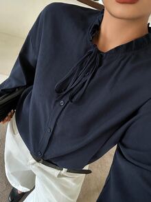 Dazy Plus Solid Color Casual Lantern Sleeve Small Stand Collar Loose Fit Fun Commute Spring Autumn New Long Sleeve Blouse - Navy Blue - View 4