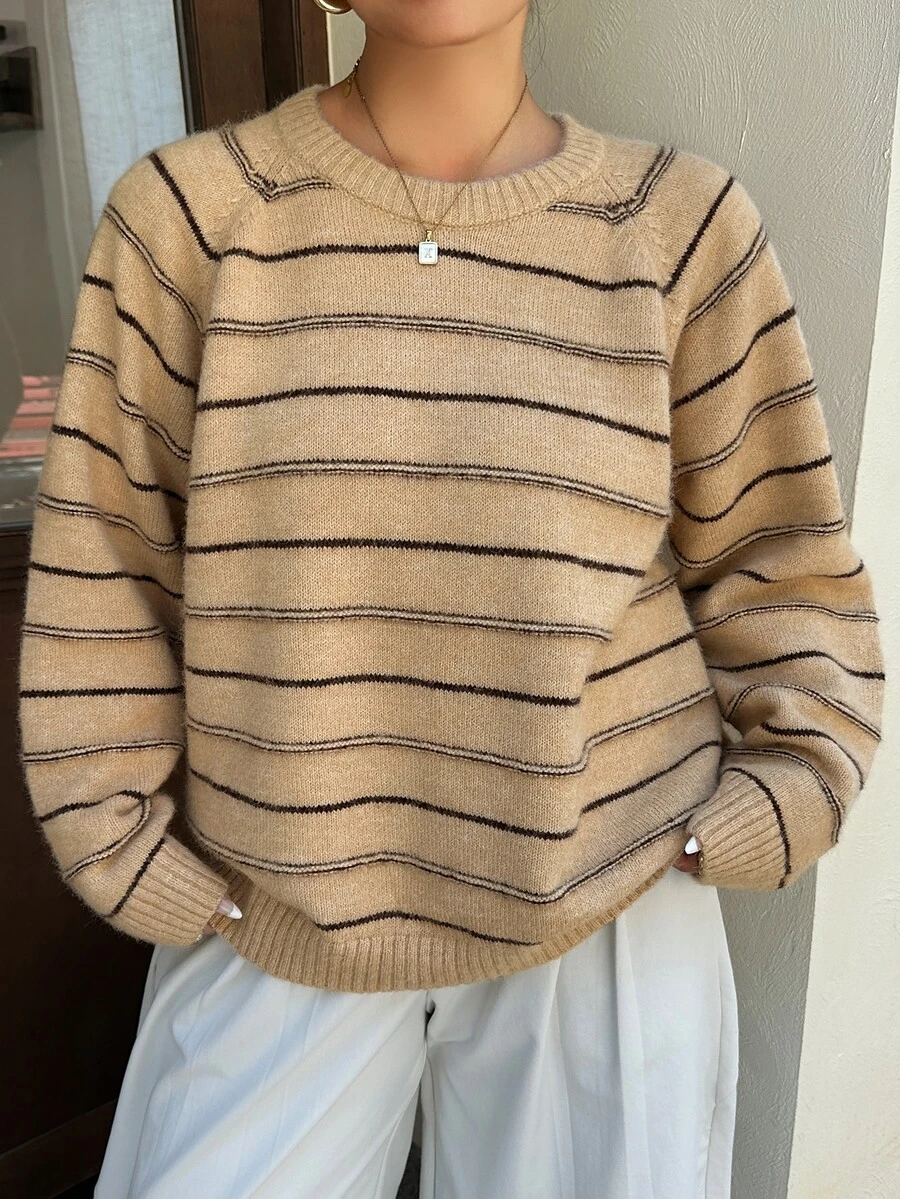 Dazy Plus Colorblock Striped Loose Crew Neck Long Sleeve Casual Streetwear Autumn/Winter Pullover Knit Sweater - Khaki - View 1