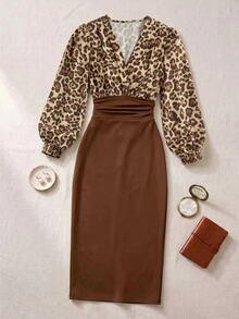INAWLY Women's Leopard Print Colorblock V-Neck Casual Party Dress - Multicolor - View 4