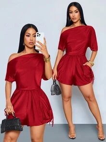 SOLERSUN Sexy Elegant Casual Women's Brown Asymmetrical Shoulder Design Jumpsuit Spring Summer - Burgundy - View 8