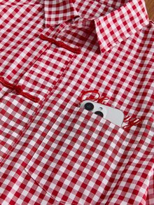 SWAVVY Men's Embroidered Plaid Patchwork Long Sleeve Fashion Shirt - Red - View 6