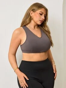 Easithlete Women's Plus Size Solid Color Daily Fitness Sports Bra - Khaki - View 3