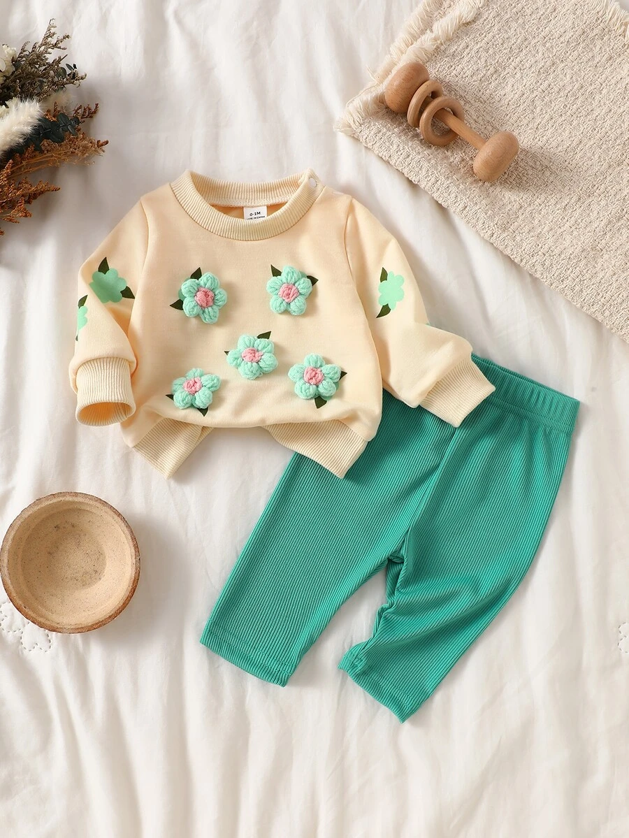SHEIN 新生女嬰休閒甜美3D花朵衛衣與羅紋長褲套裝 - 綠色 - 查看 1