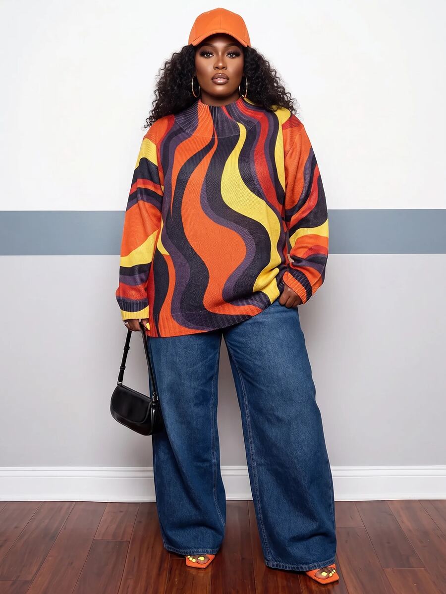 Slaydiva Sweater Rajut Wanita Ukuran Besar, Atasan Pullover Lengan Panjang Longgar Kerah Tinggi Motif Retro Bergelombang Blok Warna untuk Musim Dingin