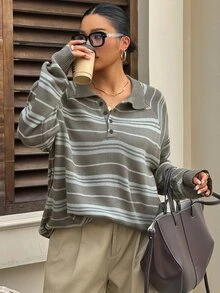 Livesso Contrast Color Striped Polo Long Sleeve Loose Casual Vacation Retro Streetwear Spring Autumn Knit Sweater - Olive Green - View 8