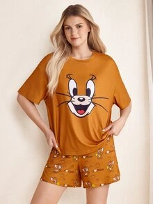 TOM & JERRY X SHEIN Women's Cartoon Print Short Sleeve Top And Shorts Pajama Set - Brown - View 4
