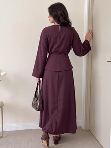 Solavon Women's Solid Color Round Neck Long Sleeve Side Knot Elegant Arabian Dress - Brown - View 2