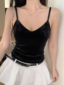 DAZY 女款純色修身彈性細肩帶背心上衣，對比蕾絲設計，休閒度假夏季背心 - 黑色 - 查看 5
