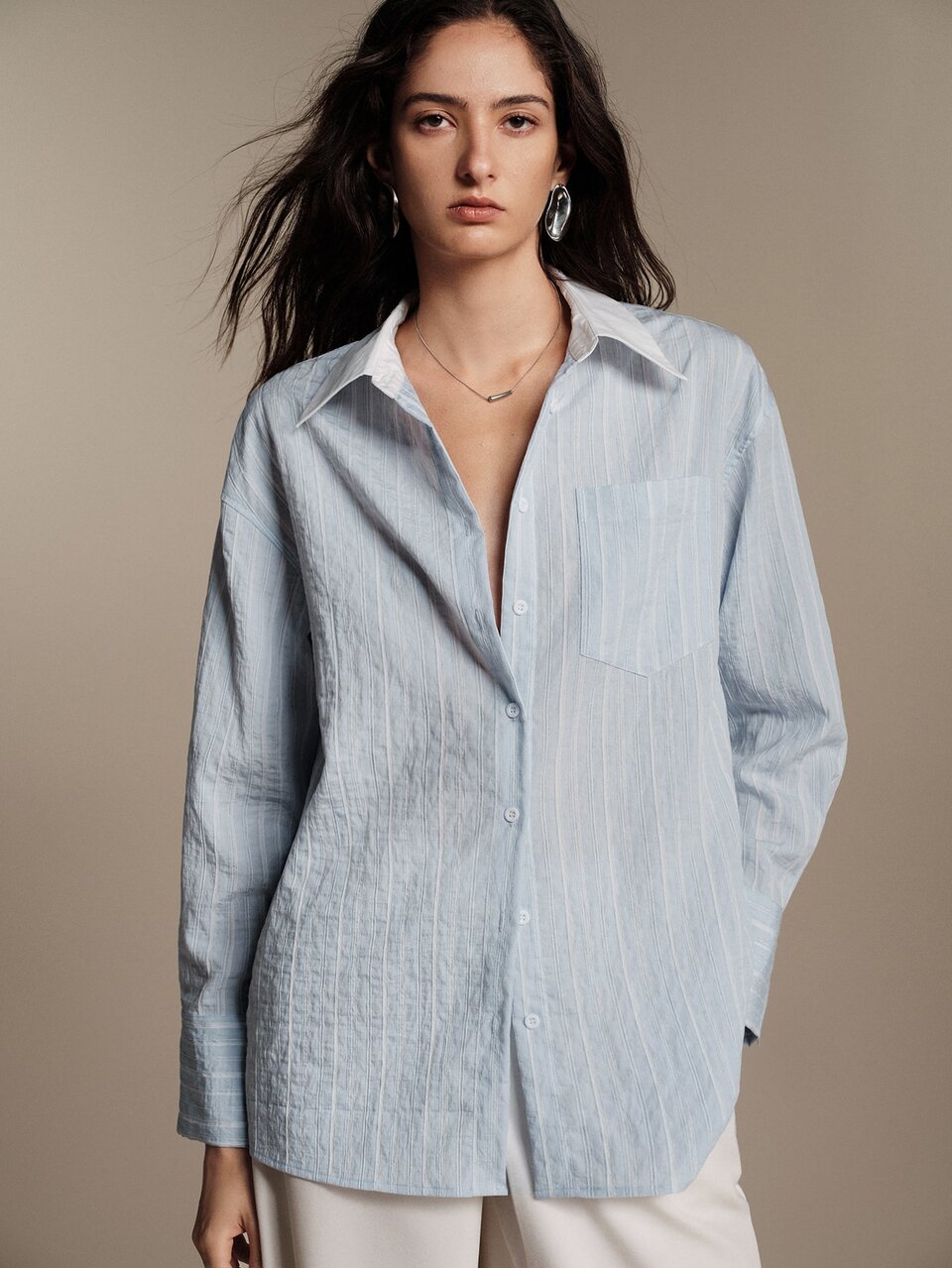 Anewsta Essential Women's Striped Long Sleeve Single-Breasted Casual Pocket Shirt