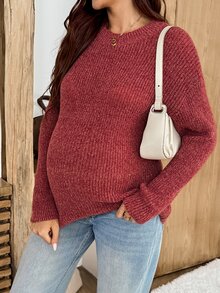 SHEIN Sweater Hamil Lengan Panjang Warna Polos Kasual Serbaguna untuk Pemakaian Sehari-hari di Musim Dingin - Merah - View 5